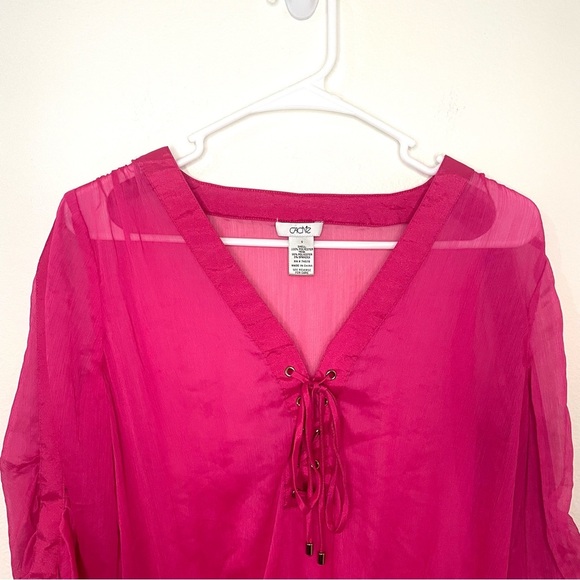 Cache Hot Pink Sheer Tie V-Neckline Size Small Elastic Waist Ruched Sleeve - Picture 2 of 7